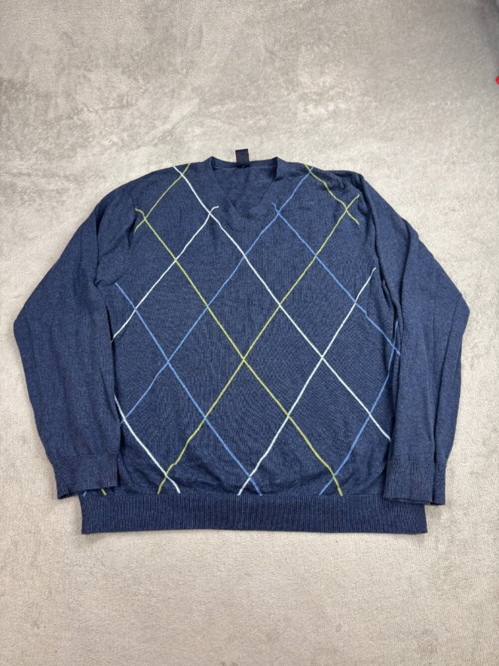 Gap Sweater Mens XL Blue Argyle Diamond Tight Knit Relaxed Fit V Neck Walking